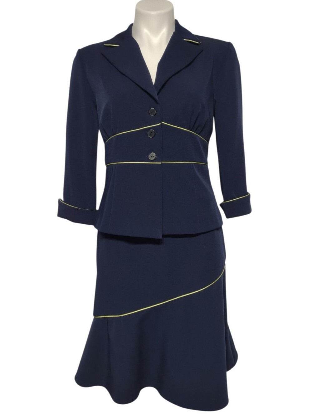 Vintage Y2K Alyn Paige Navy & Lime Green Piping Skirt Suit Set Size 9/10